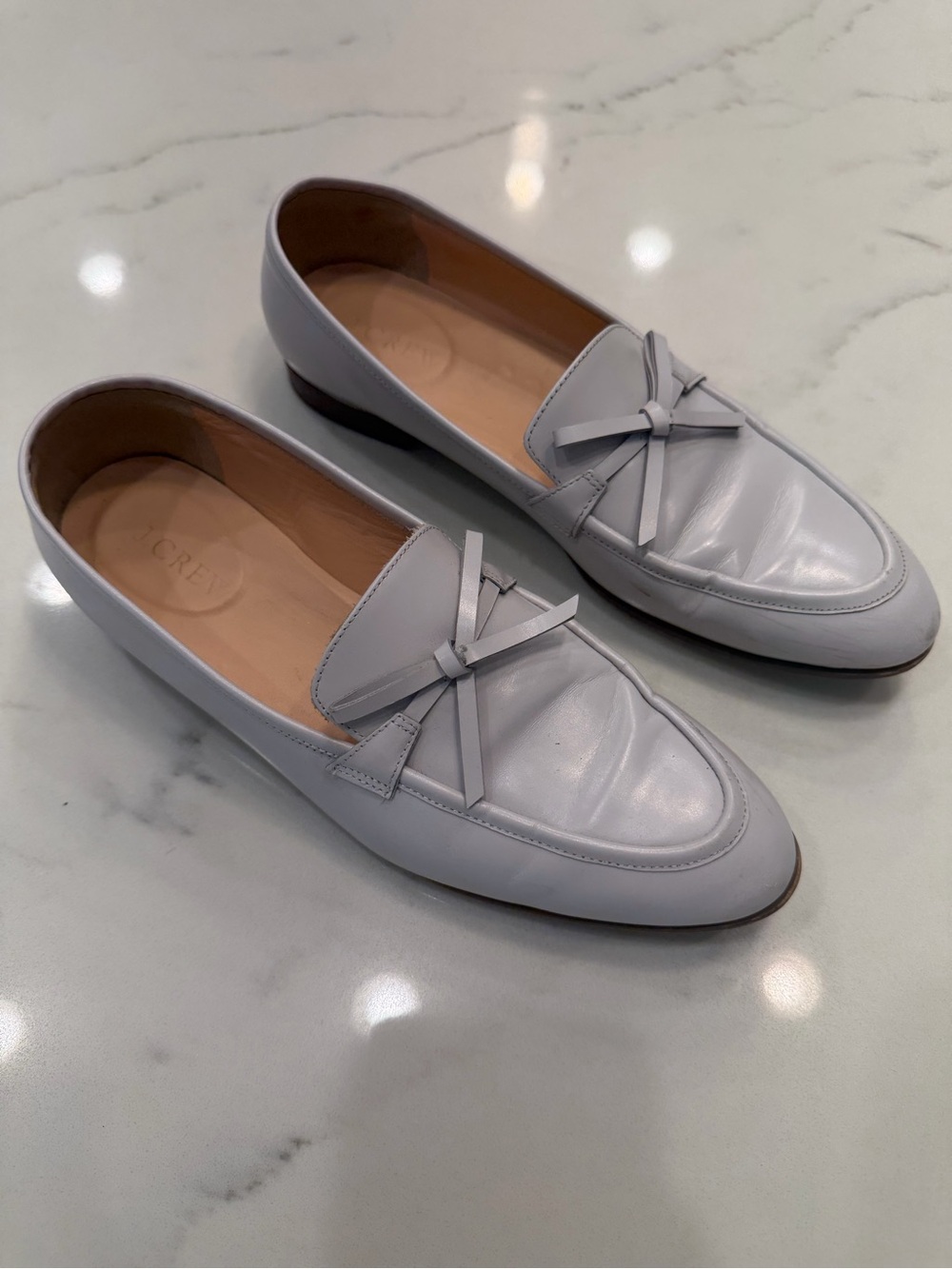 J. Crew Light Gray Leather Slip-On Loafers with Bow
